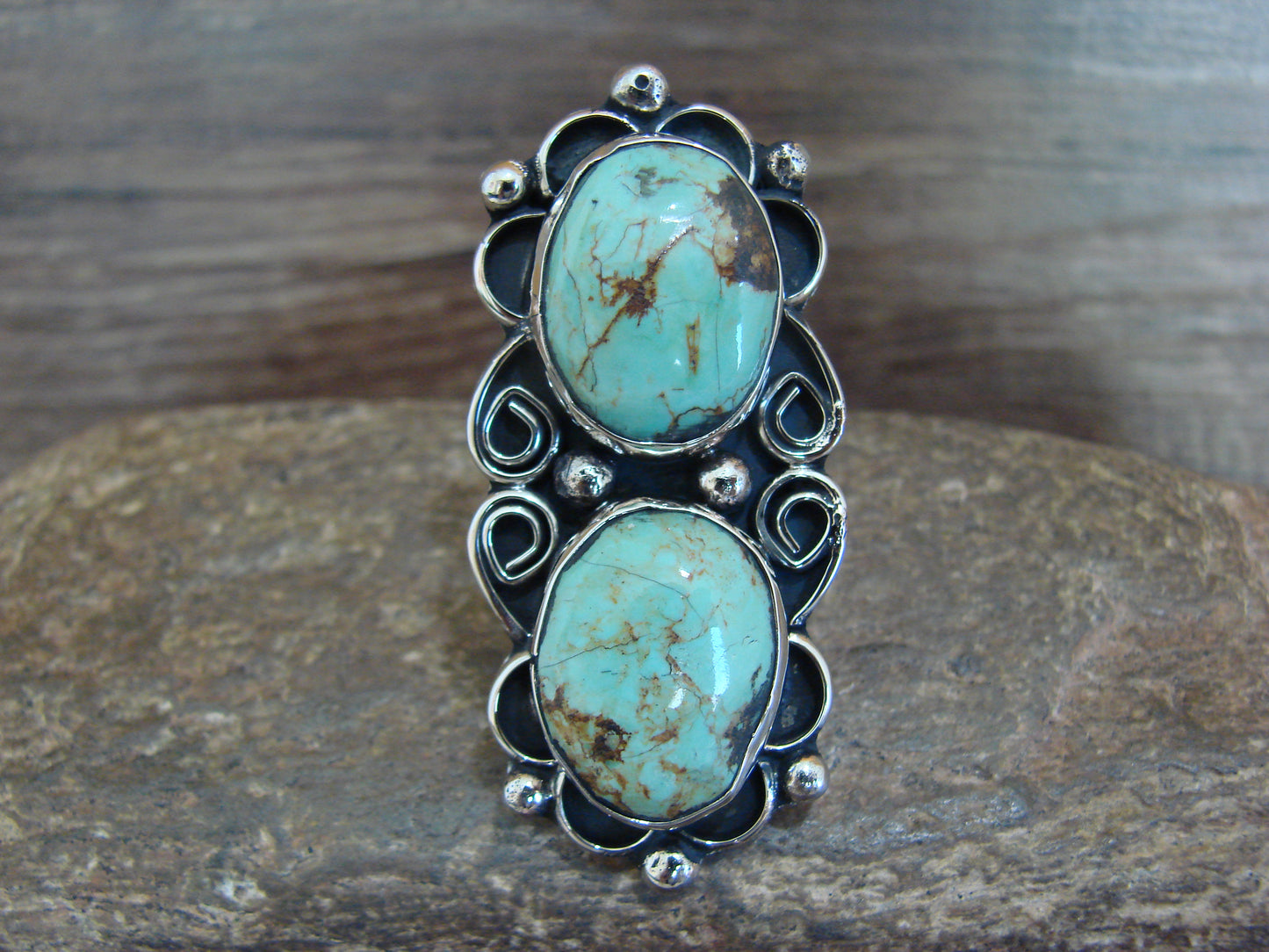 Native American Nickel Silver & Turquoise Adjustable Ring by Cleveland - Size 8 - 10