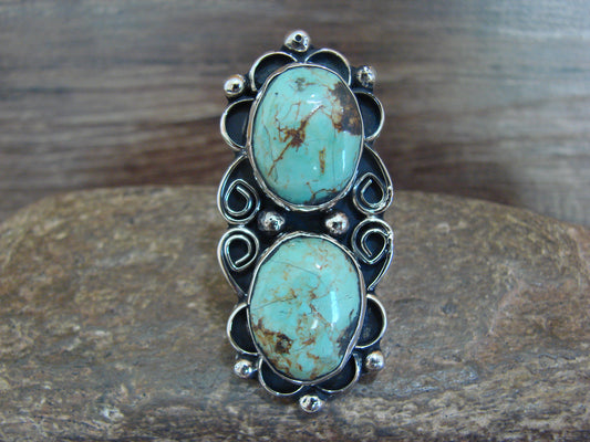 Native American Nickel Silver & Turquoise Adjustable Ring by Cleveland - Size 8 - 10