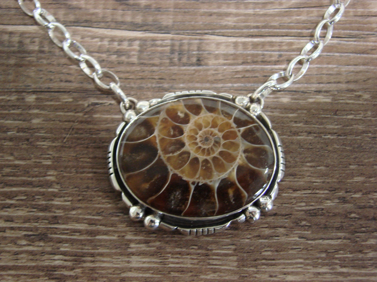 Native American 19" Sterling Silver & Moroccan Ammonite Link Necklace by Begay