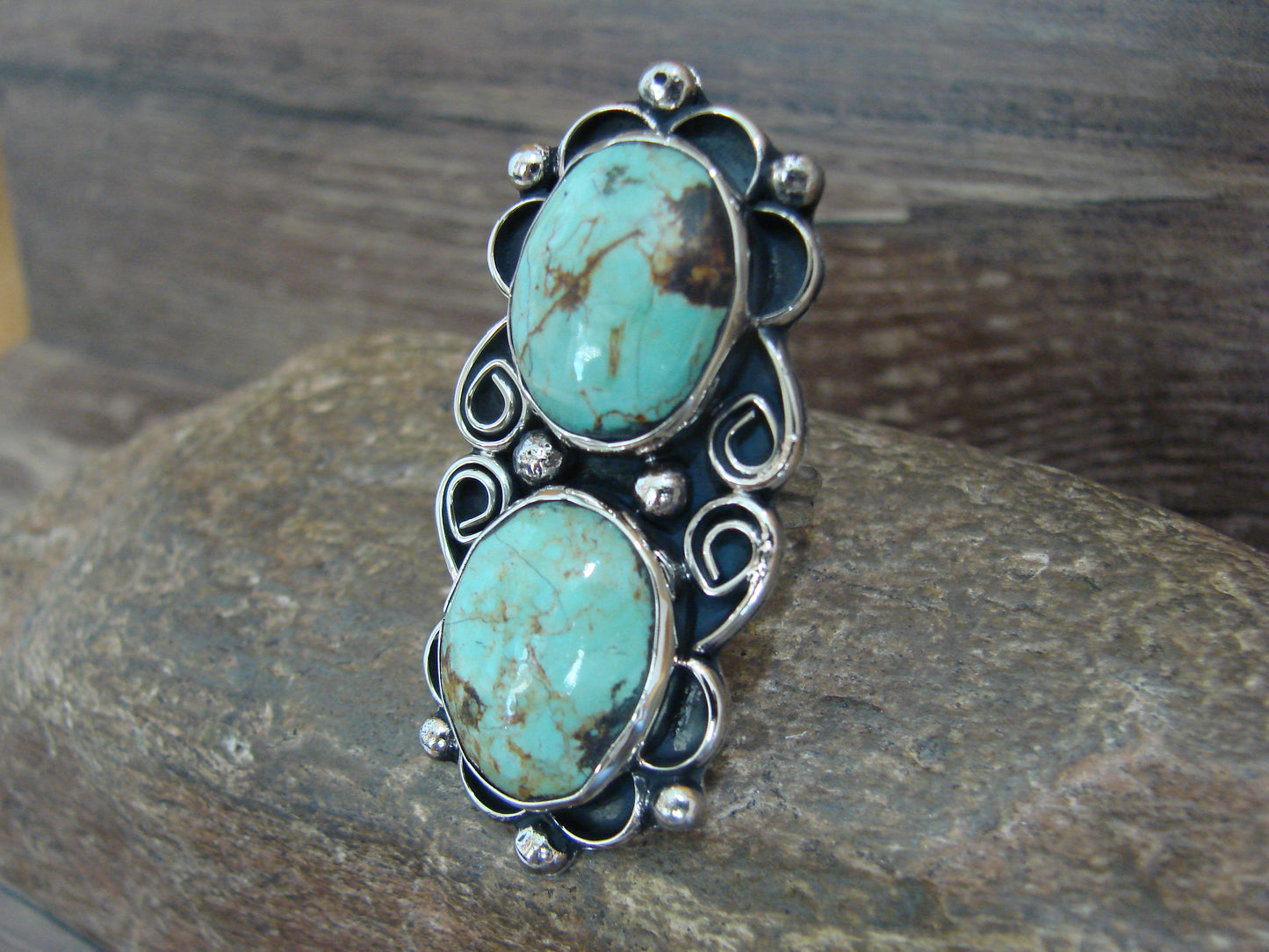 Native American Nickel Silver & Turquoise Adjustable Ring by Cleveland - Size 8 - 10
