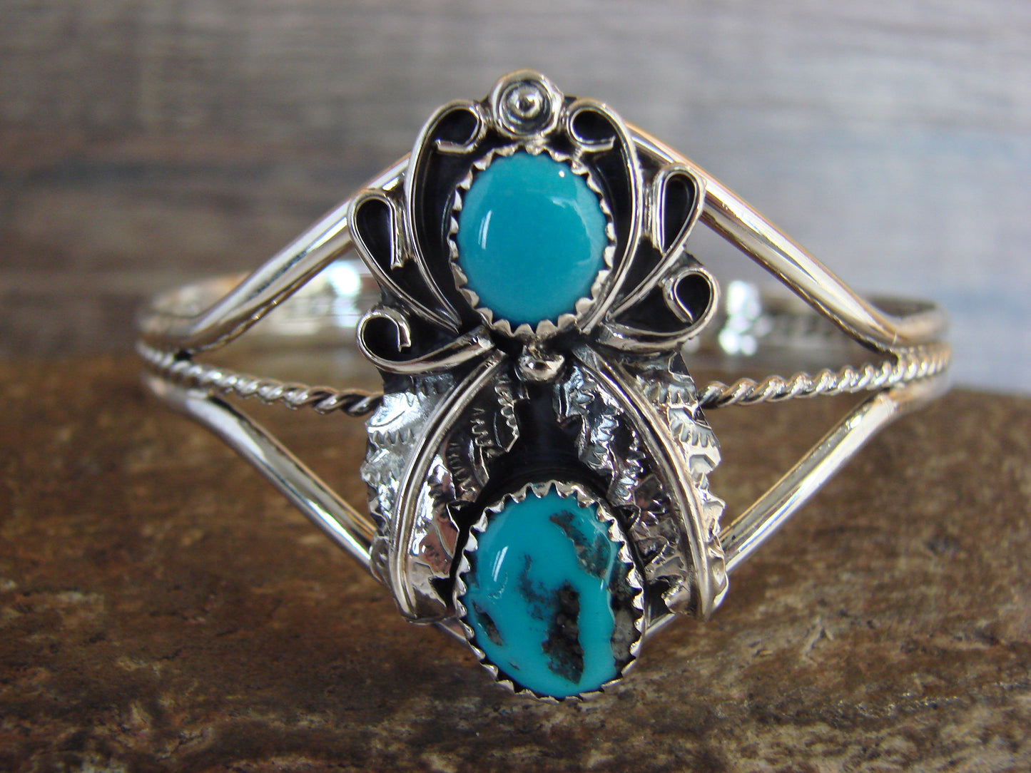 Native American Sterling Silver & Turquoise Feather Bracelet Signed Yazzie
