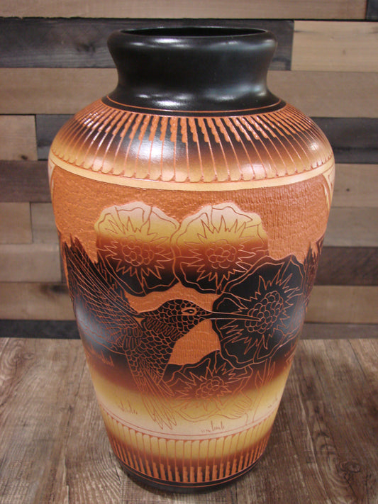 Large Native American Hand Etched Hummingbird Pottery by Aragon