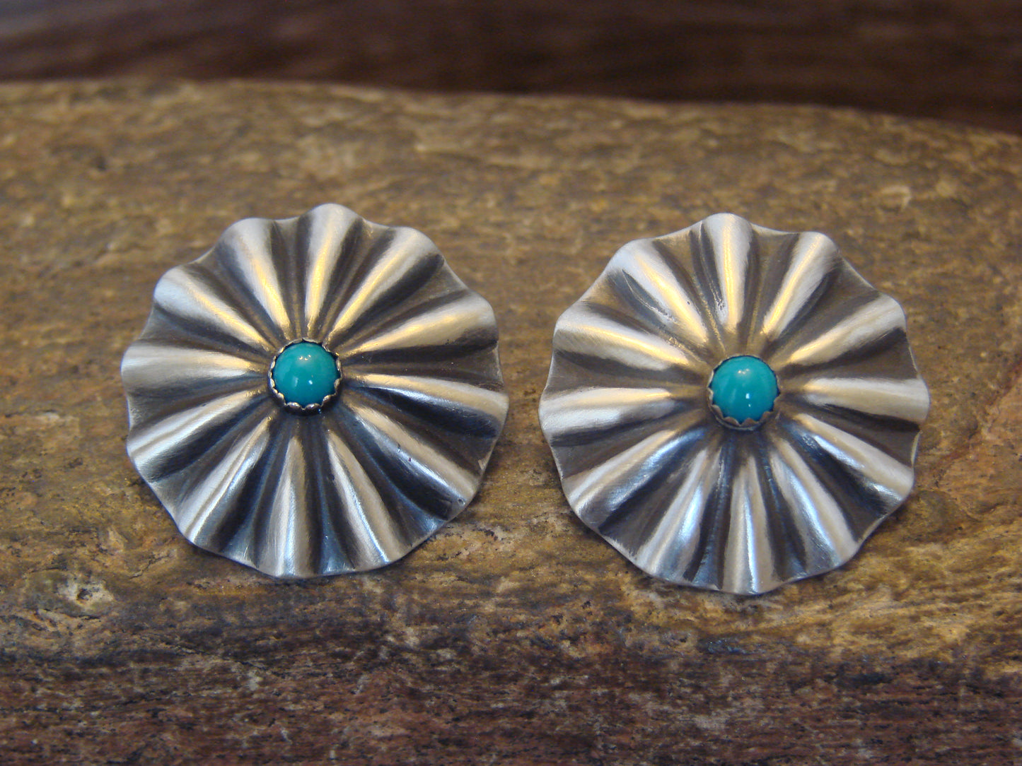 Native American Sterling Silver & Turquoise Concho Post Earrings by Soce