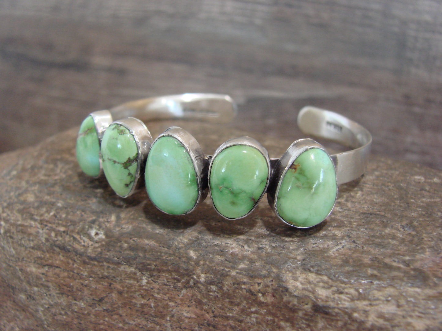 Native American Sterling Silver & Sonoran Turquoise Row Bracelet Signed Lewis
