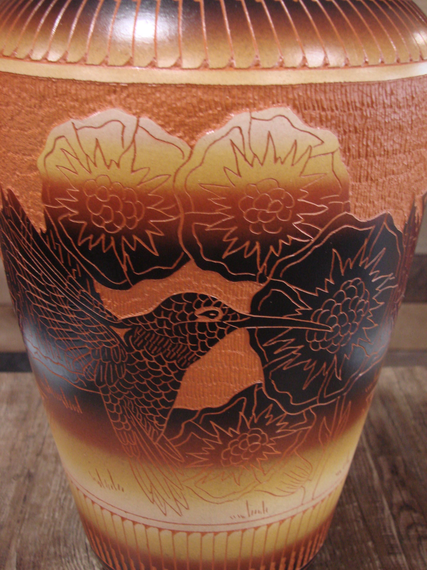 Large Native American Hand Etched Hummingbird Pottery by Aragon