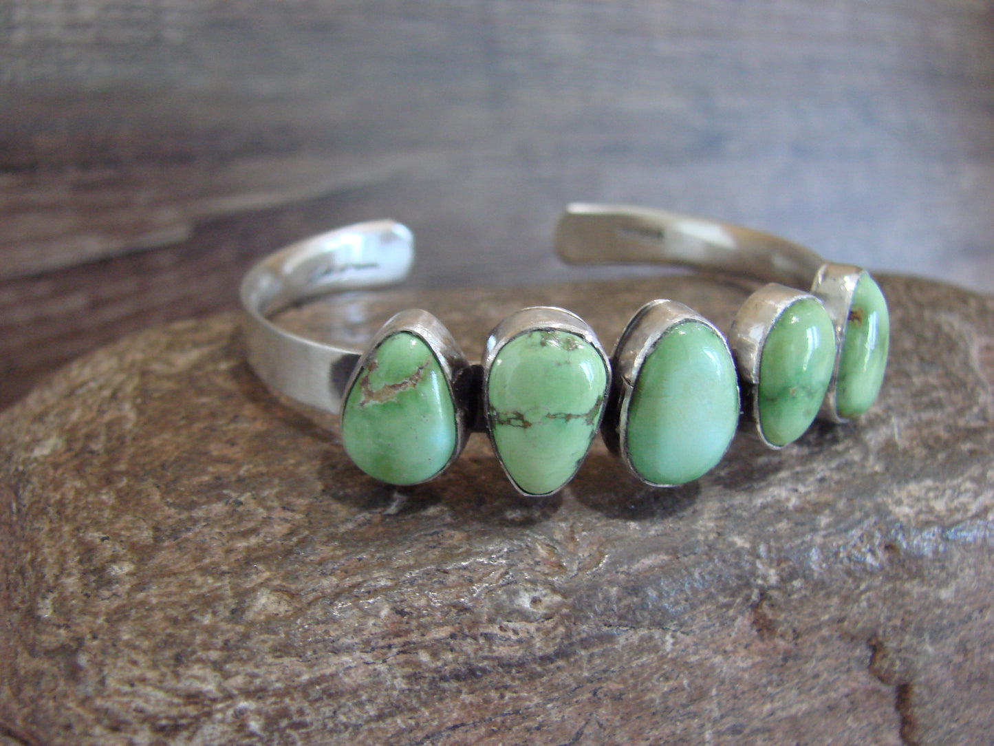 Native American Sterling Silver & Sonoran Turquoise Row Bracelet Signed Lewis