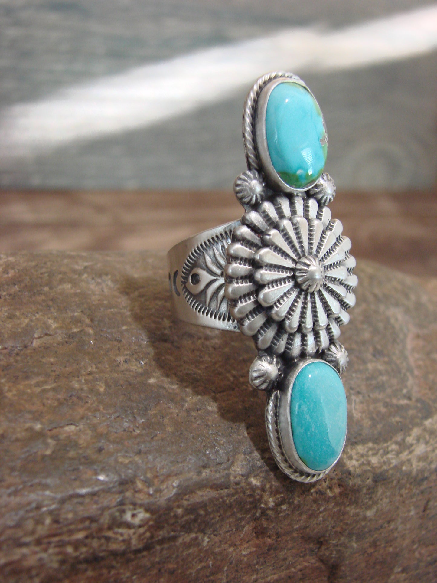 Native American Sterling Silver & Turquoise Ring Signed Yellowhair - Size 9
