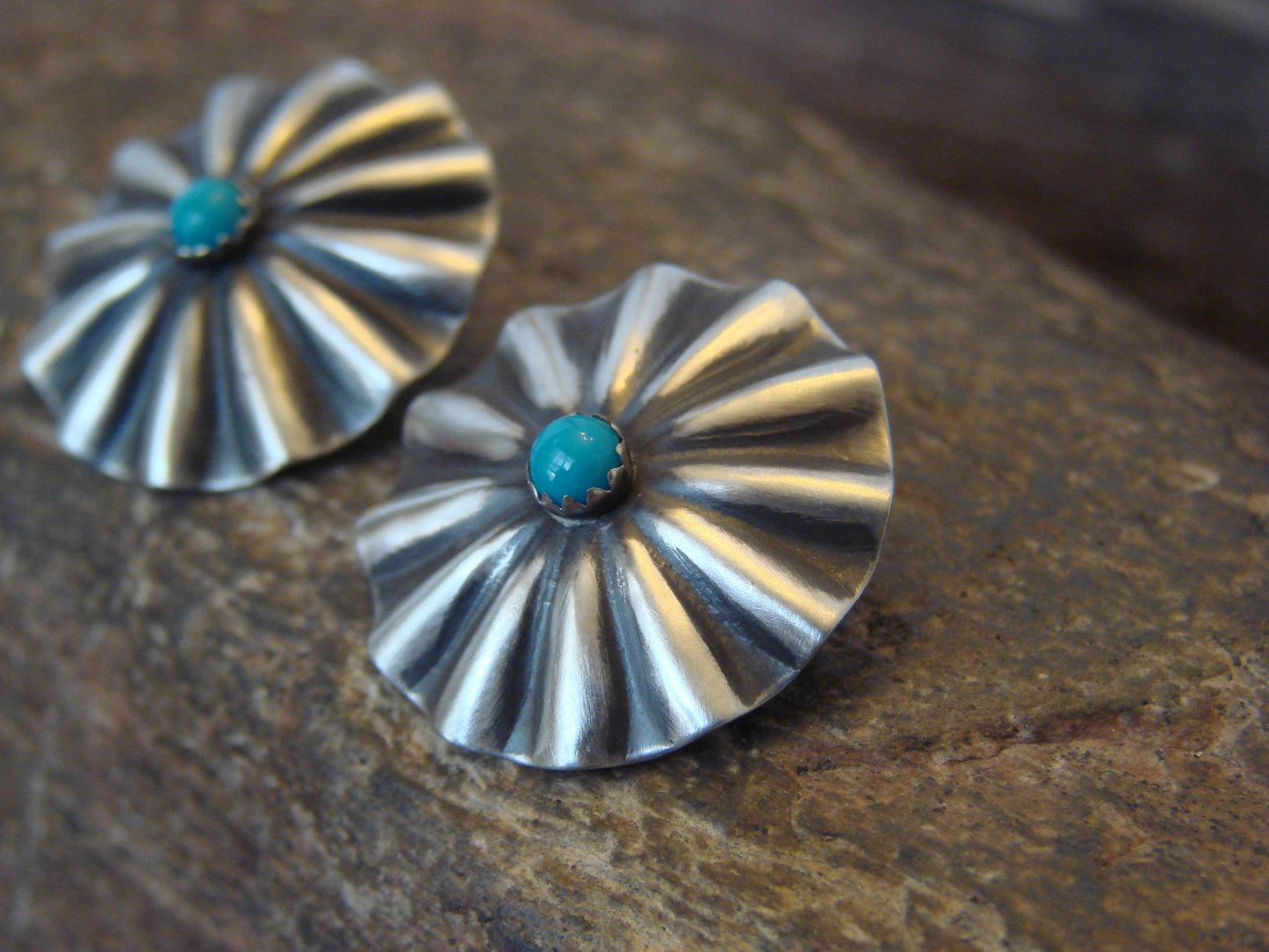 Native American Sterling Silver & Turquoise Concho Post Earrings by Soce