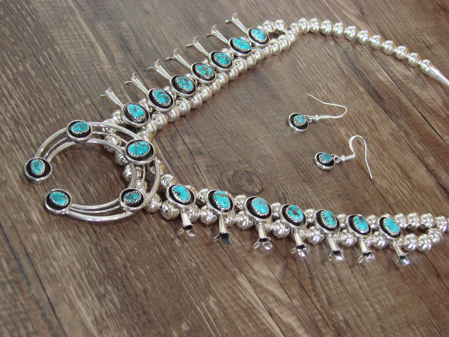 Native American Sterling Silver Turquoise Squash Blossom Set by Garcia