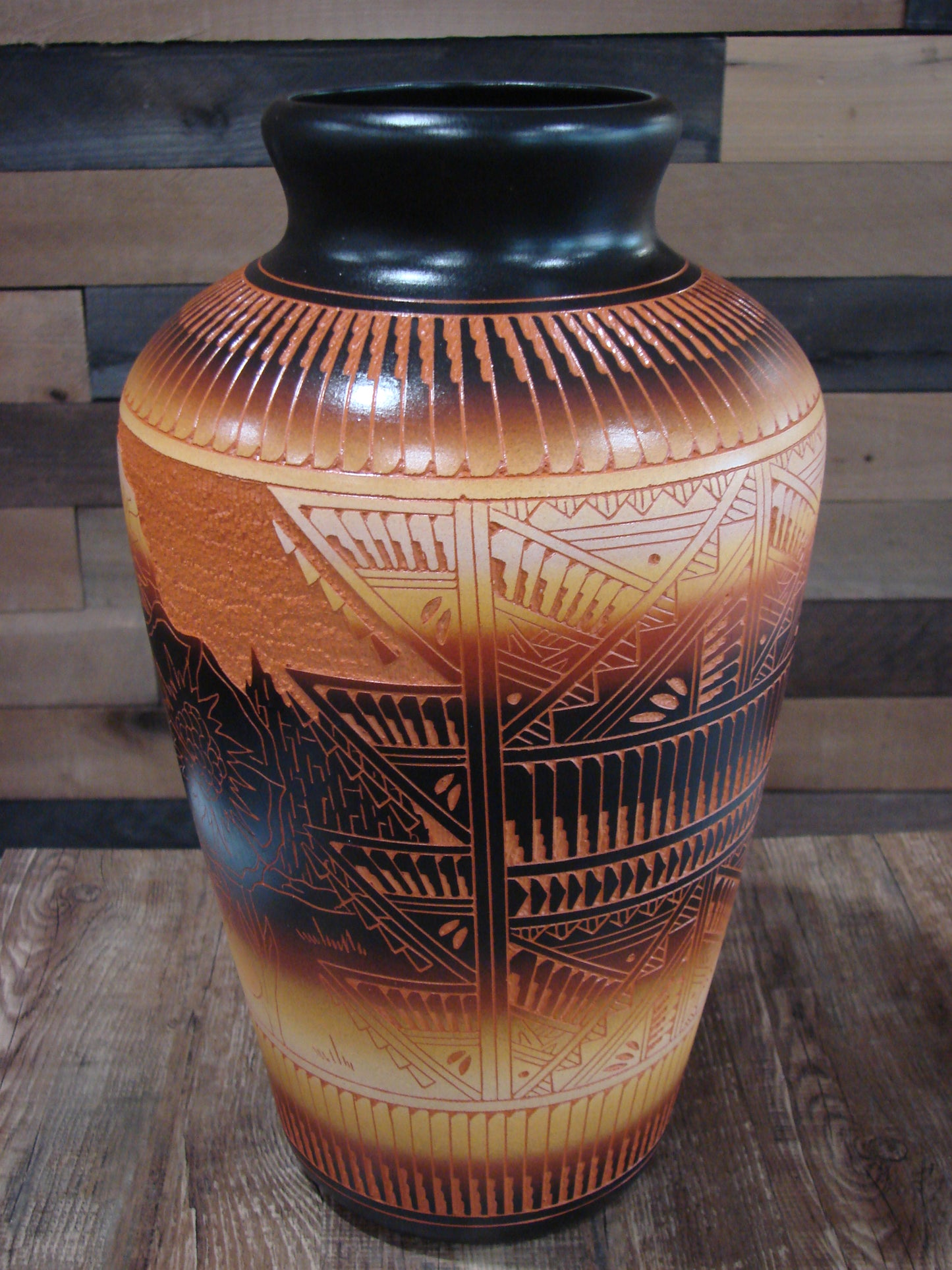 Large Native American Hand Etched Hummingbird Pottery by Aragon