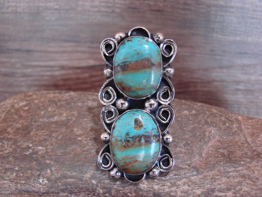 Native American Nickel Silver & Turquoise Adjustable Ring by Cleveland - Size 8 - 10