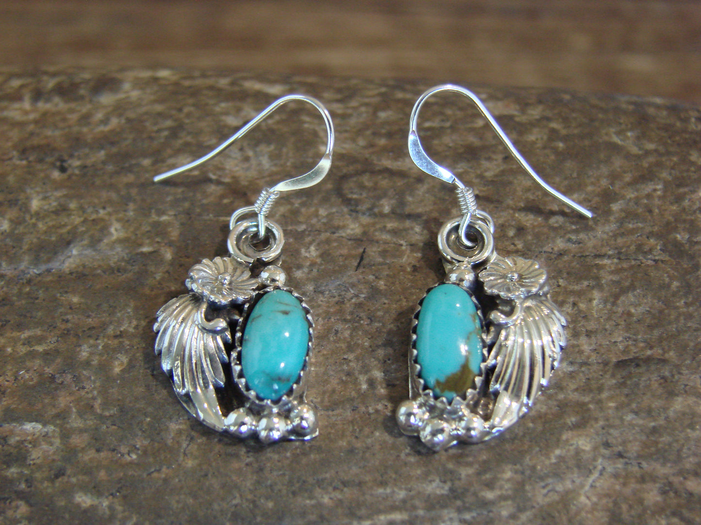 Native American Sterling Silver Turquoise Floral Earrings Dinetso