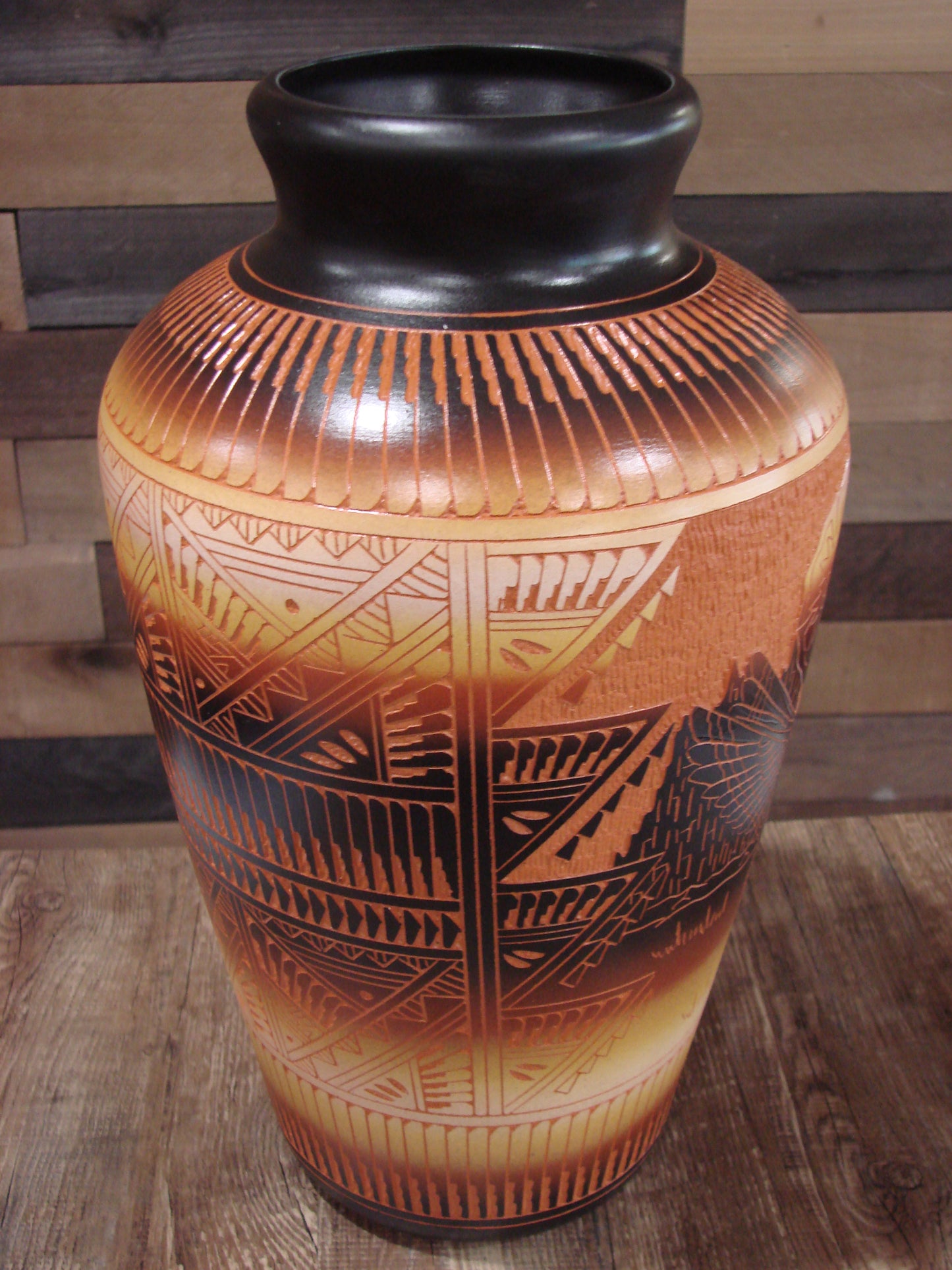 Large Native American Hand Etched Hummingbird Pottery by Aragon