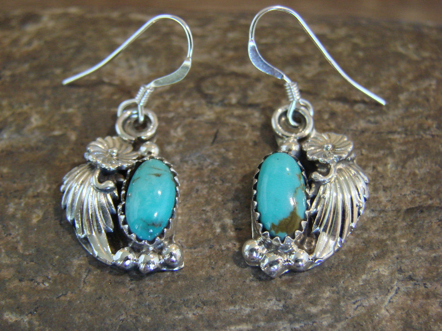 Native American Sterling Silver Turquoise Floral Earrings Dinetso
