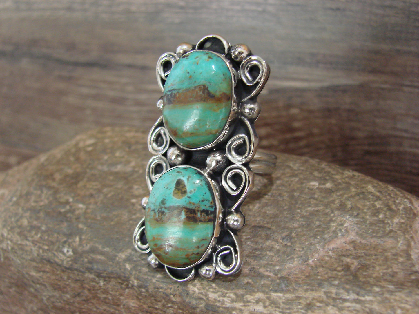 Native American Nickel Silver & Turquoise Adjustable Ring by Cleveland - Size 8 - 10