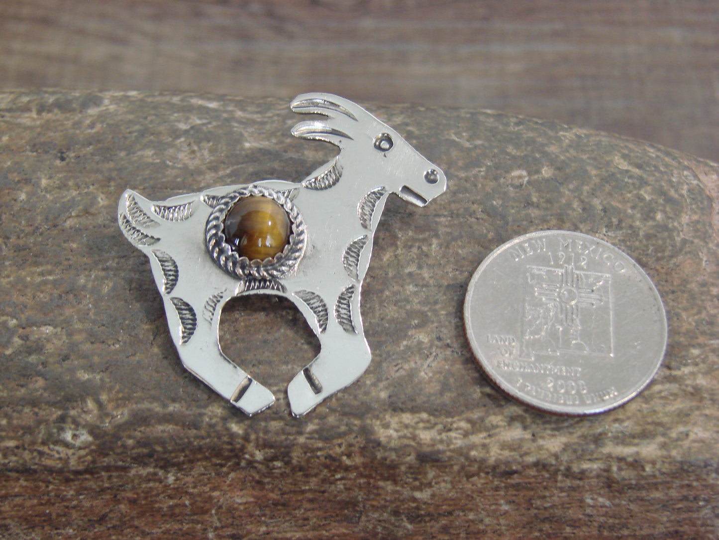 Native American Nickel Silver & Tiger Eye Goat Pendant - Cleveland