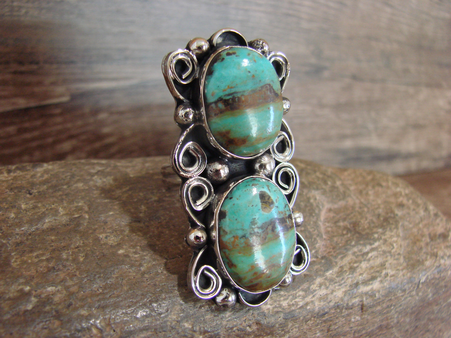 Native American Nickel Silver & Turquoise Adjustable Ring by Cleveland - Size 8 - 10