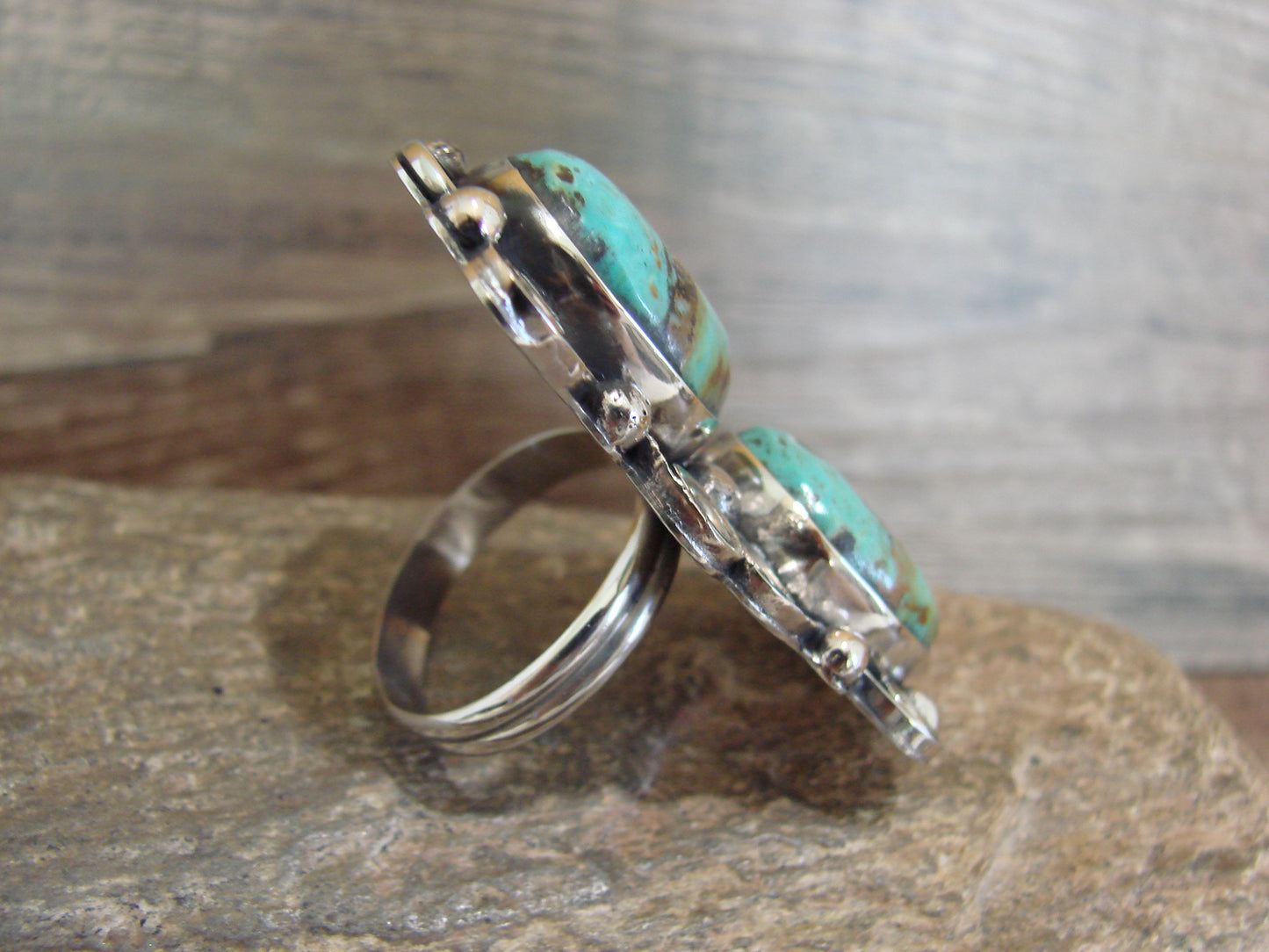 Native American Nickel Silver & Turquoise Adjustable Ring by Cleveland - Size 8 - 10