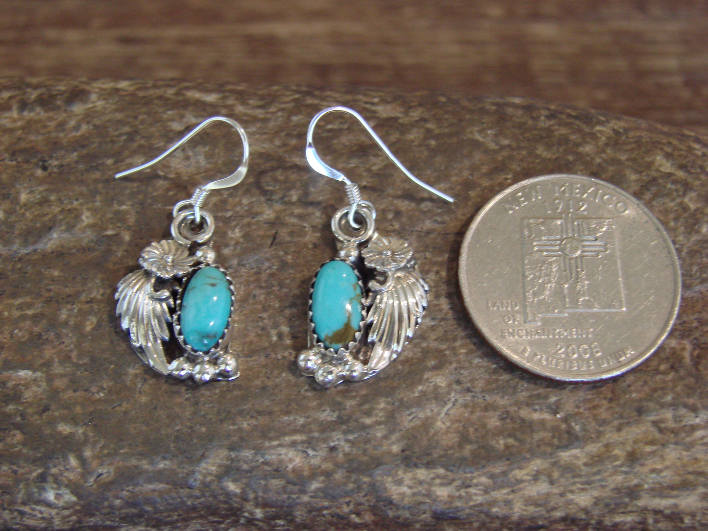 Native American Sterling Silver Turquoise Floral Earrings Dinetso