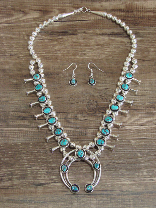 Native American Sterling Silver Turquoise Squash Blossom Set by Garcia