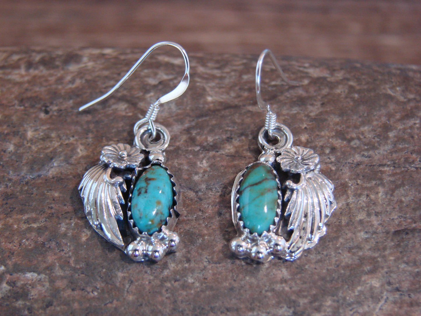 Native American Sterling Silver Turquoise Floral Earrings Dinetso