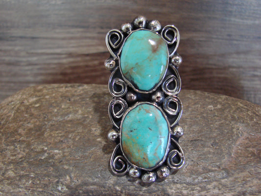 Native American Nickel Silver & Turquoise Adjustable Ring by Cleveland - Size 8 - 10