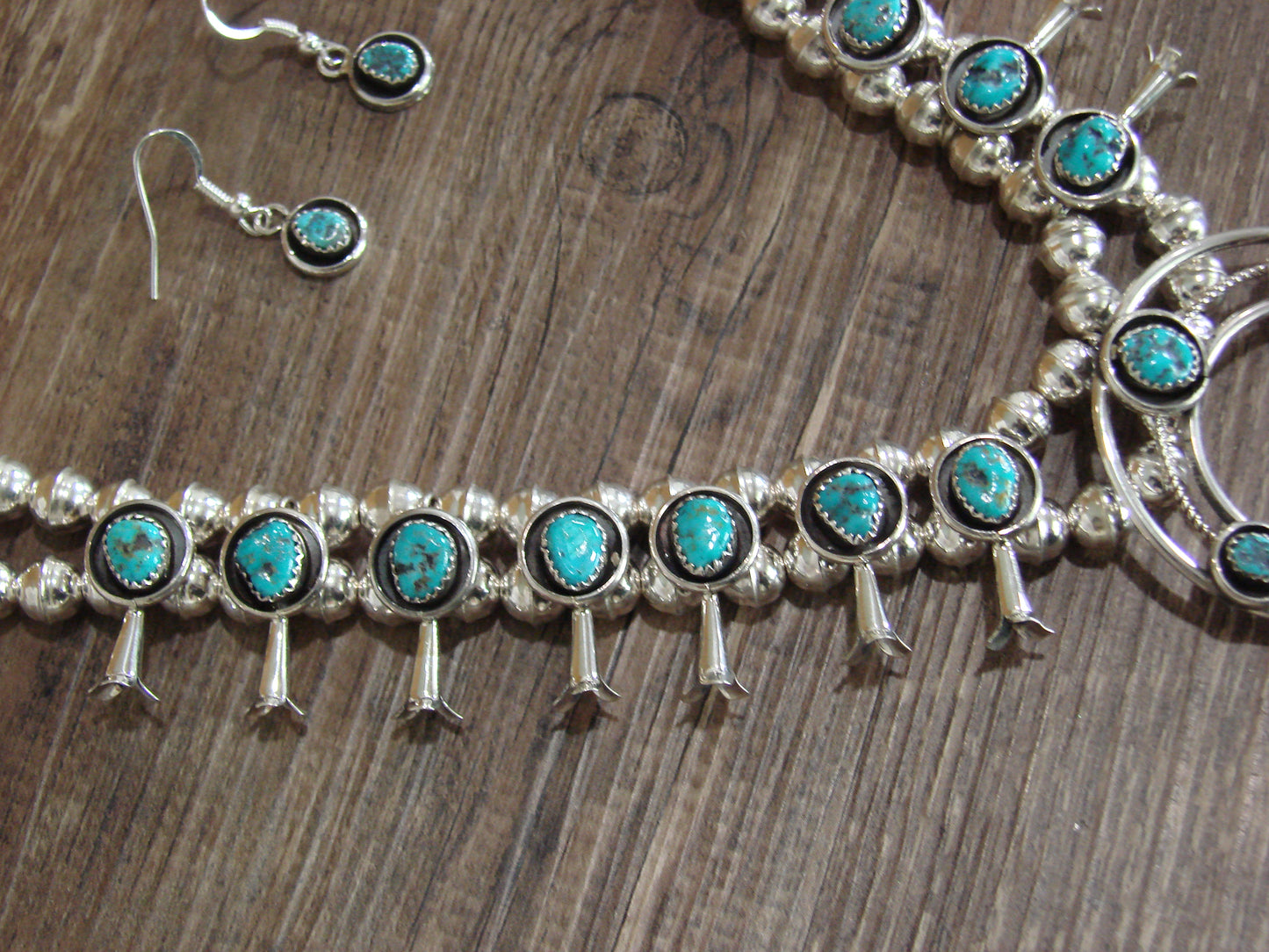 Native American Sterling Silver Turquoise Squash Blossom Set by Garcia