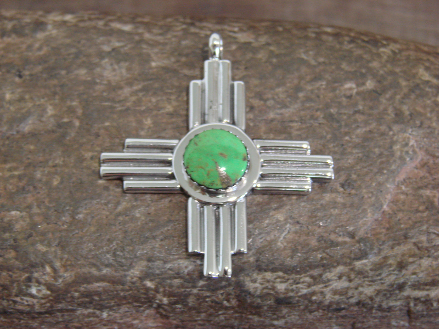 Native American Sterling Silver & Gaspeite Zia Symbol Pendant - Yazzie