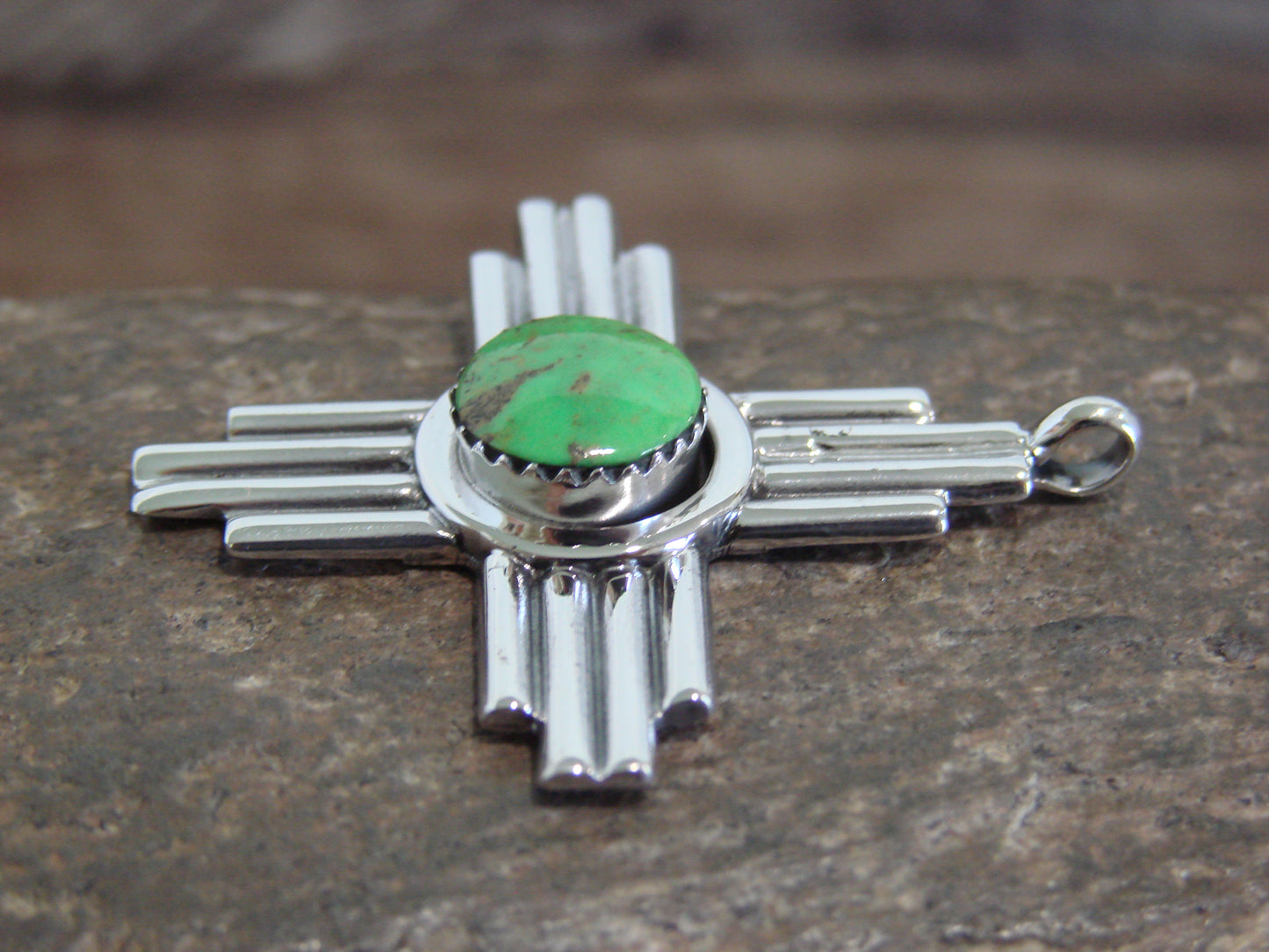 Native American Sterling Silver & Gaspeite Zia Symbol Pendant - Yazzie