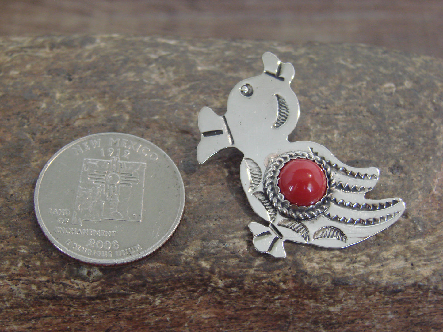 Native American Nickel Silver & Coral Duck Pendant - Cleveland