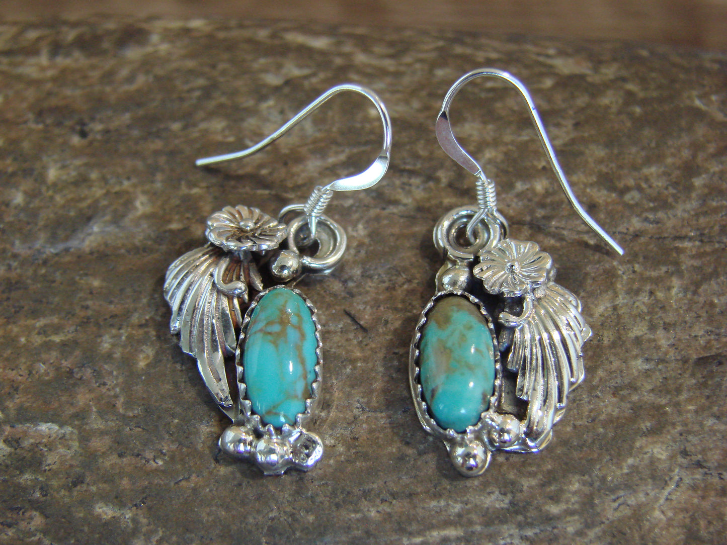 Native American Sterling Silver Turquoise Floral Earrings Dinetso