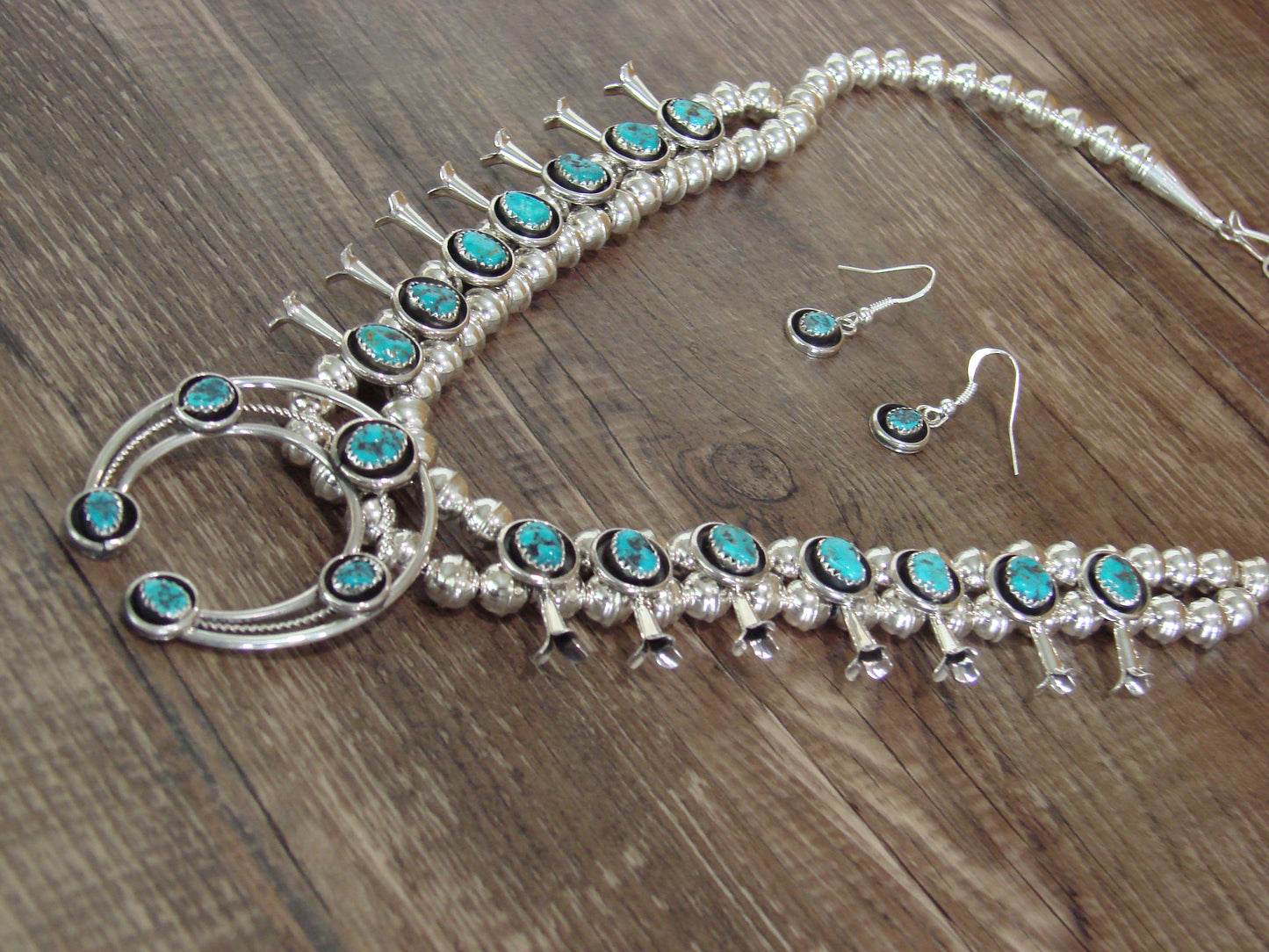 Native American Sterling Silver Turquoise Squash Blossom Set by Garcia