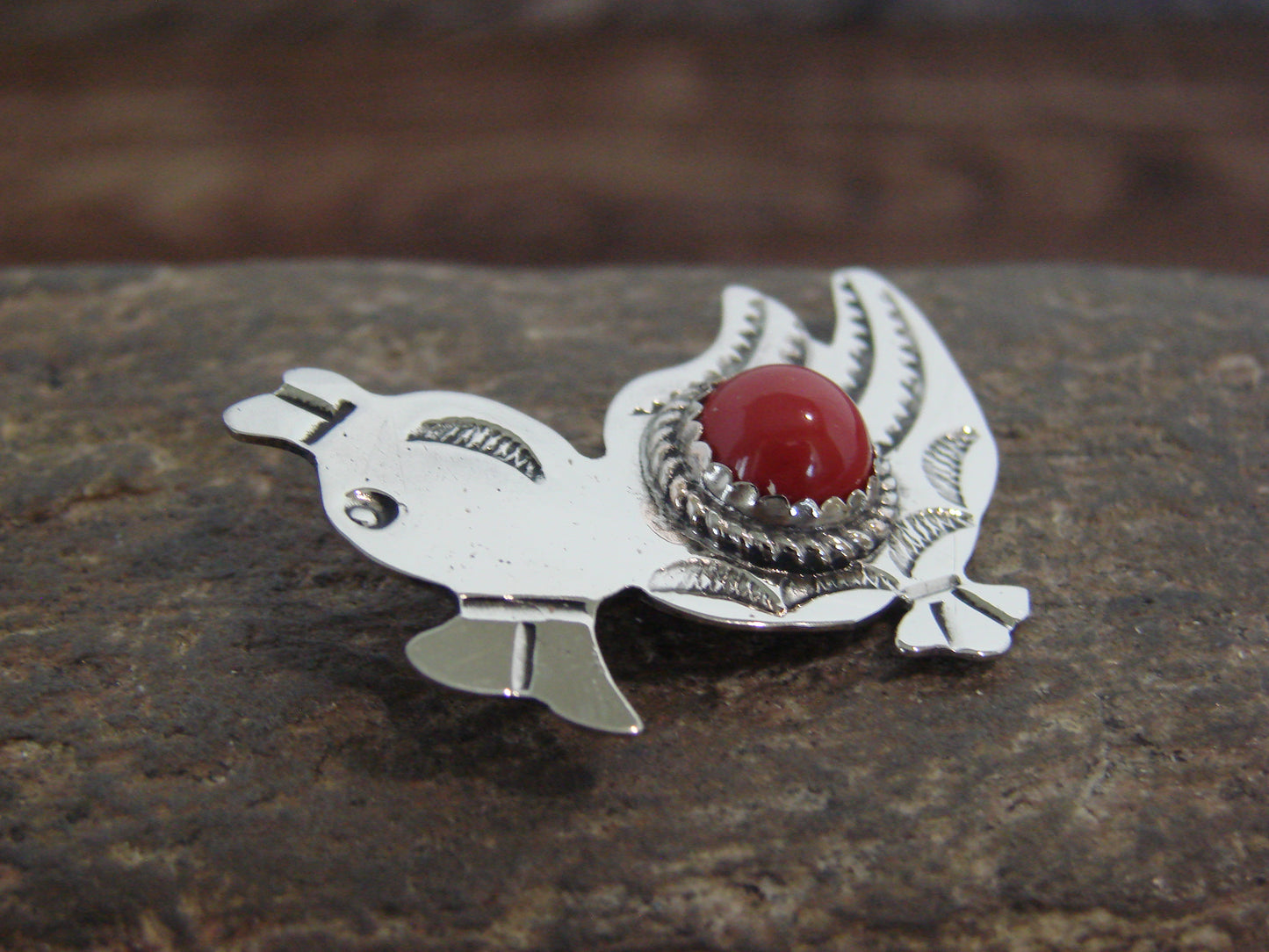 Native American Nickel Silver & Coral Duck Pendant - Cleveland