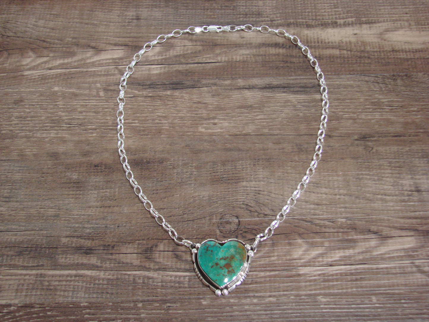 Native American 19" Sterling Silver & Turquoise Heart Link Necklace by Begay