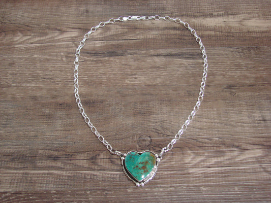 Native American 19" Sterling Silver & Turquoise Heart Link Necklace by Begay