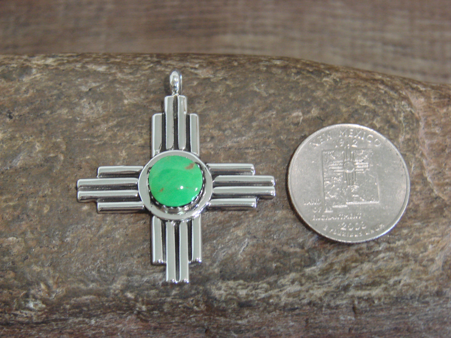 Native American Sterling Silver & Gaspeite Zia Symbol Pendant - Yazzie
