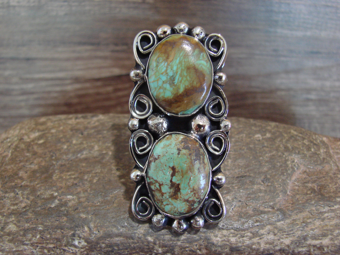 Native American Nickel Silver & Turquoise Adjustable Ring by Cleveland - Size 8 - 10