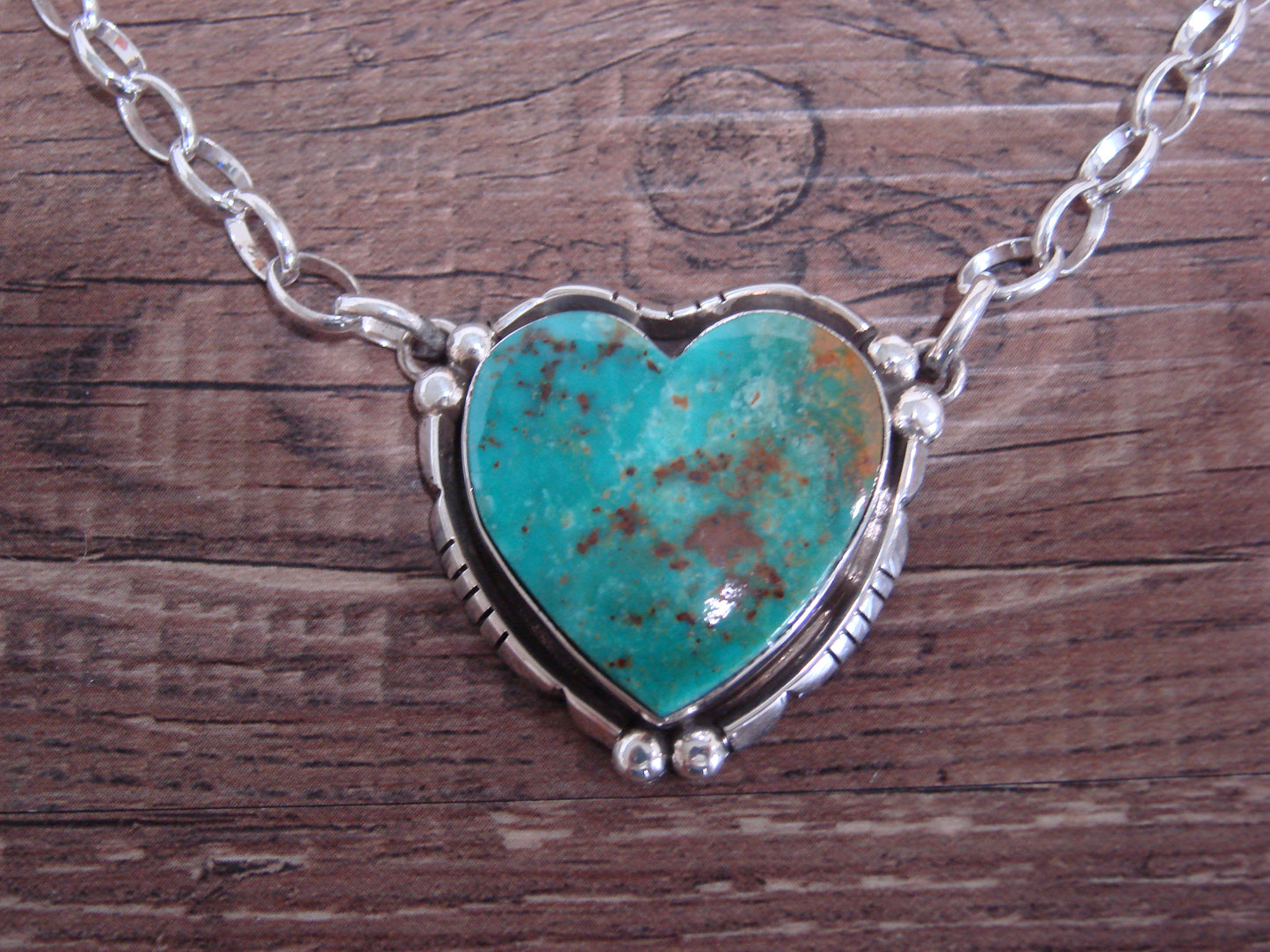 Native American 19" Sterling Silver & Turquoise Heart Link Necklace by Begay