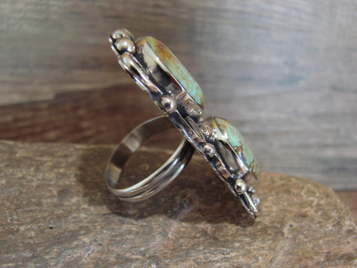 Native American Nickel Silver & Turquoise Adjustable Ring by Cleveland - Size 8 - 10