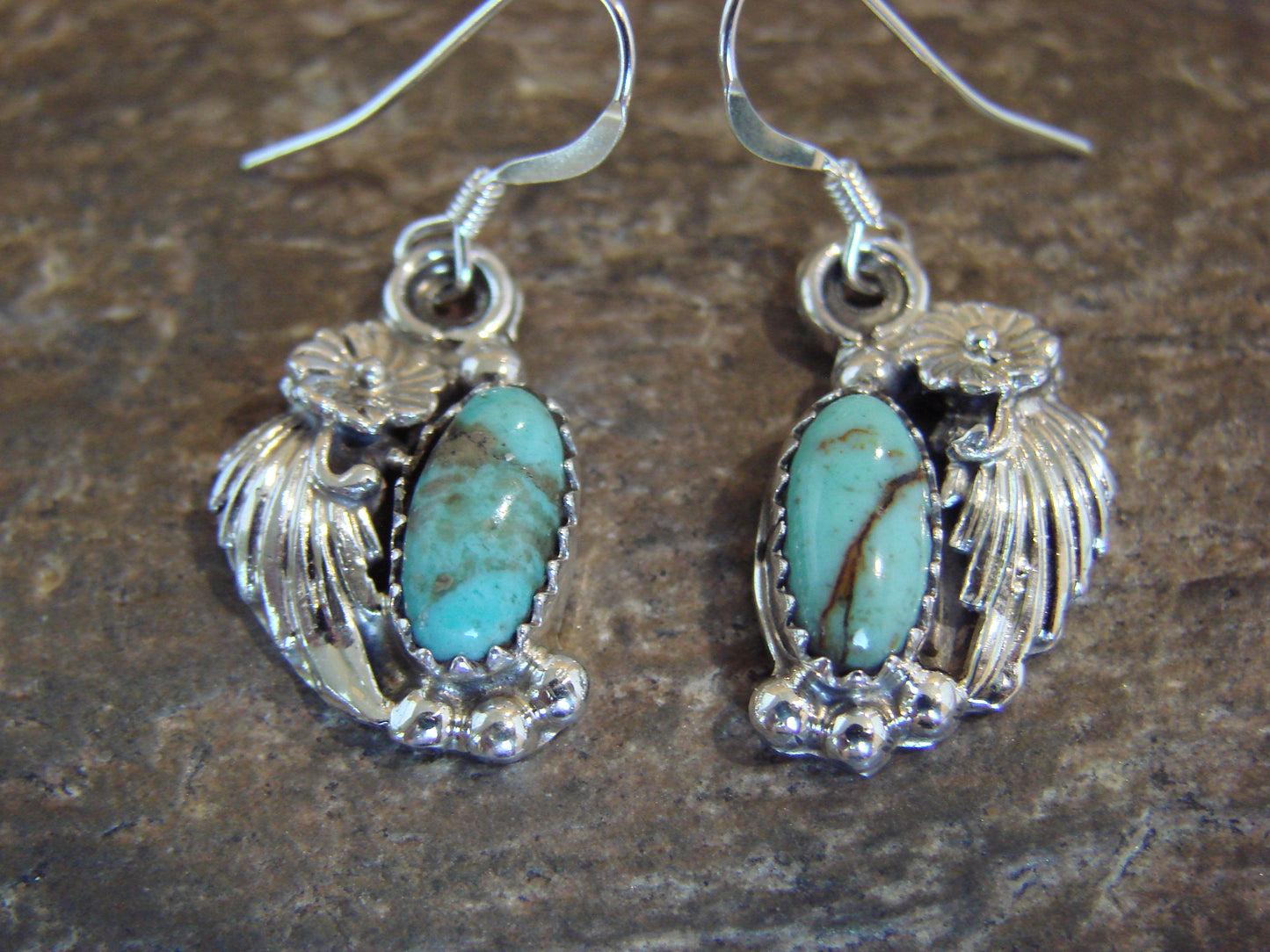 Native American Sterling Silver Turquoise Floral Earrings Dinetso