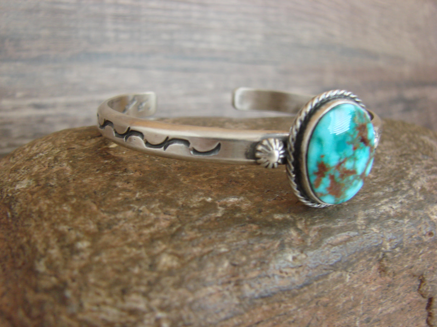 Native American Sterling Silver & Sonoran Turquoise Bracelet Signed SY