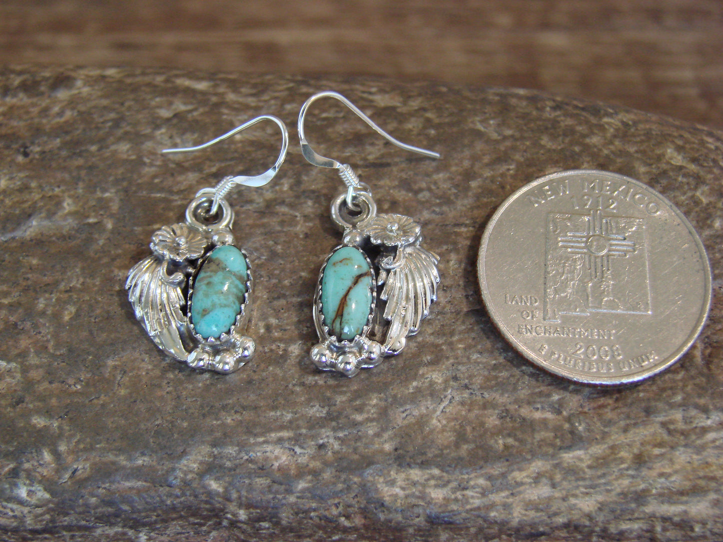 Native American Sterling Silver Turquoise Floral Earrings Dinetso