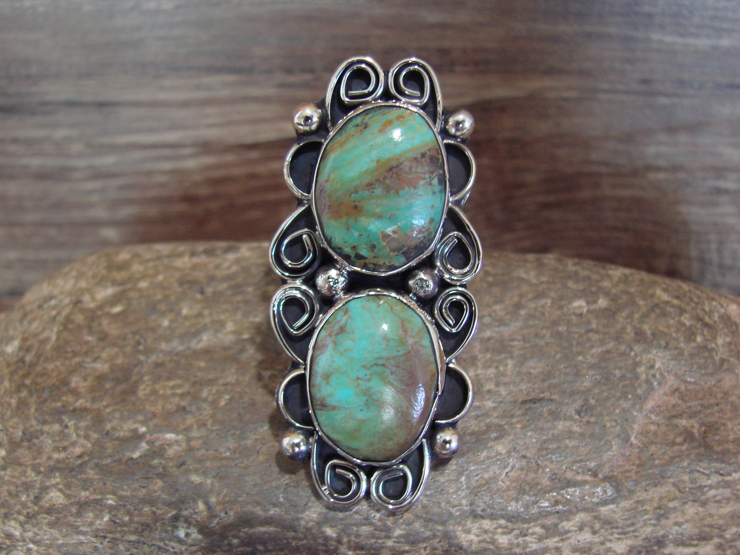 Native American Nickel Silver & Turquoise Adjustable Ring by Cleveland - Size 8 - 10