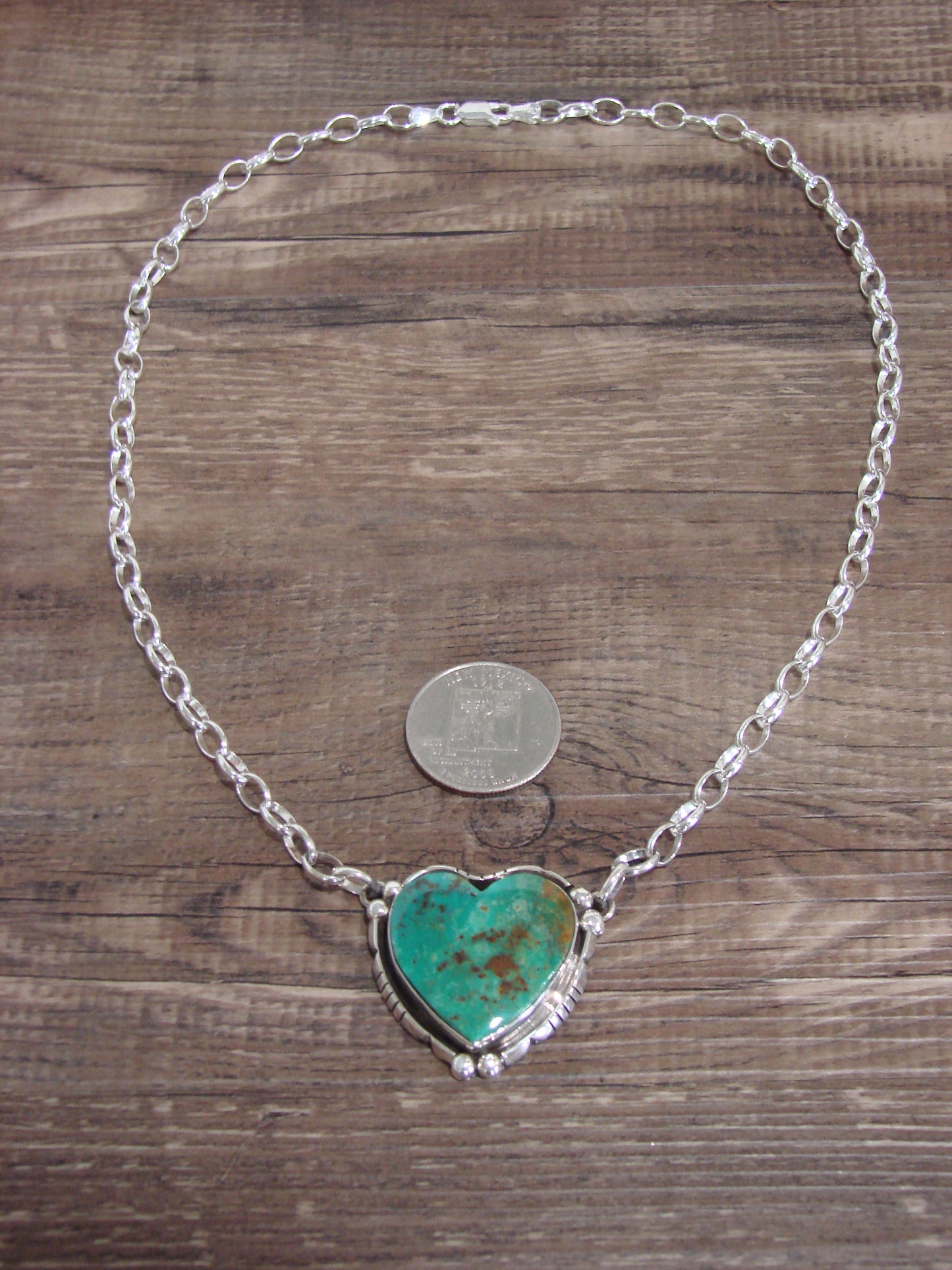 Native American 19" Sterling Silver & Turquoise Heart Link Necklace by Begay