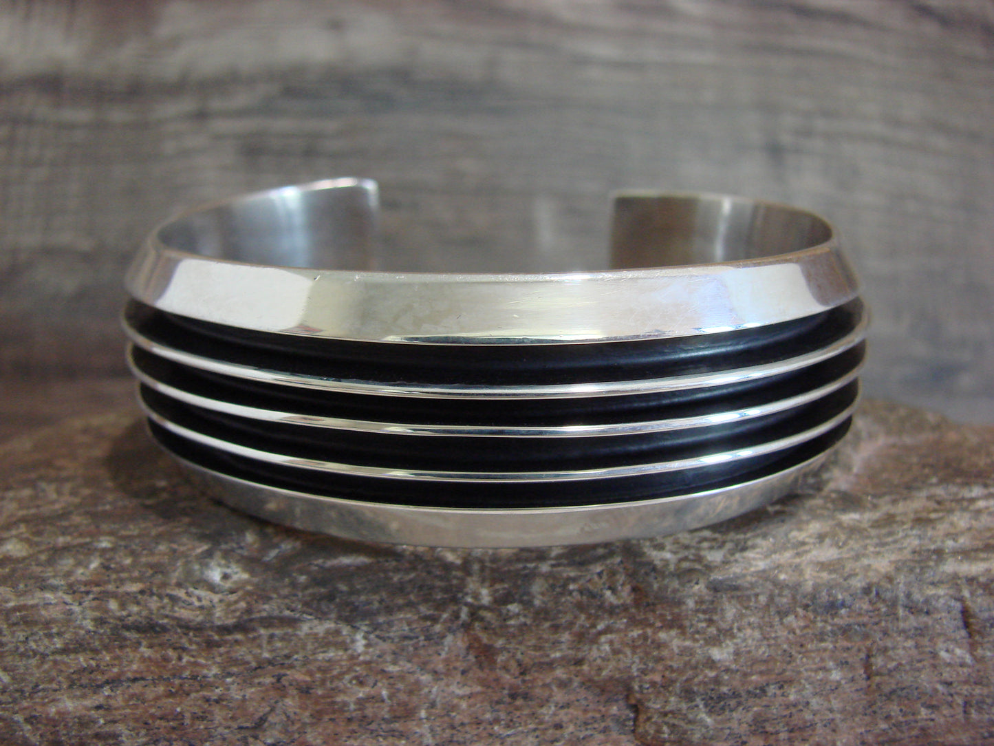 Native American Navajo Indian 3/4" Sterling Silver Ribbed Bracelet by Hawk