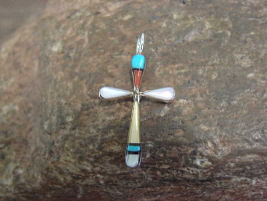 Native American Sterling Silver Multi Stone Inlay Cross Pendant by Noche