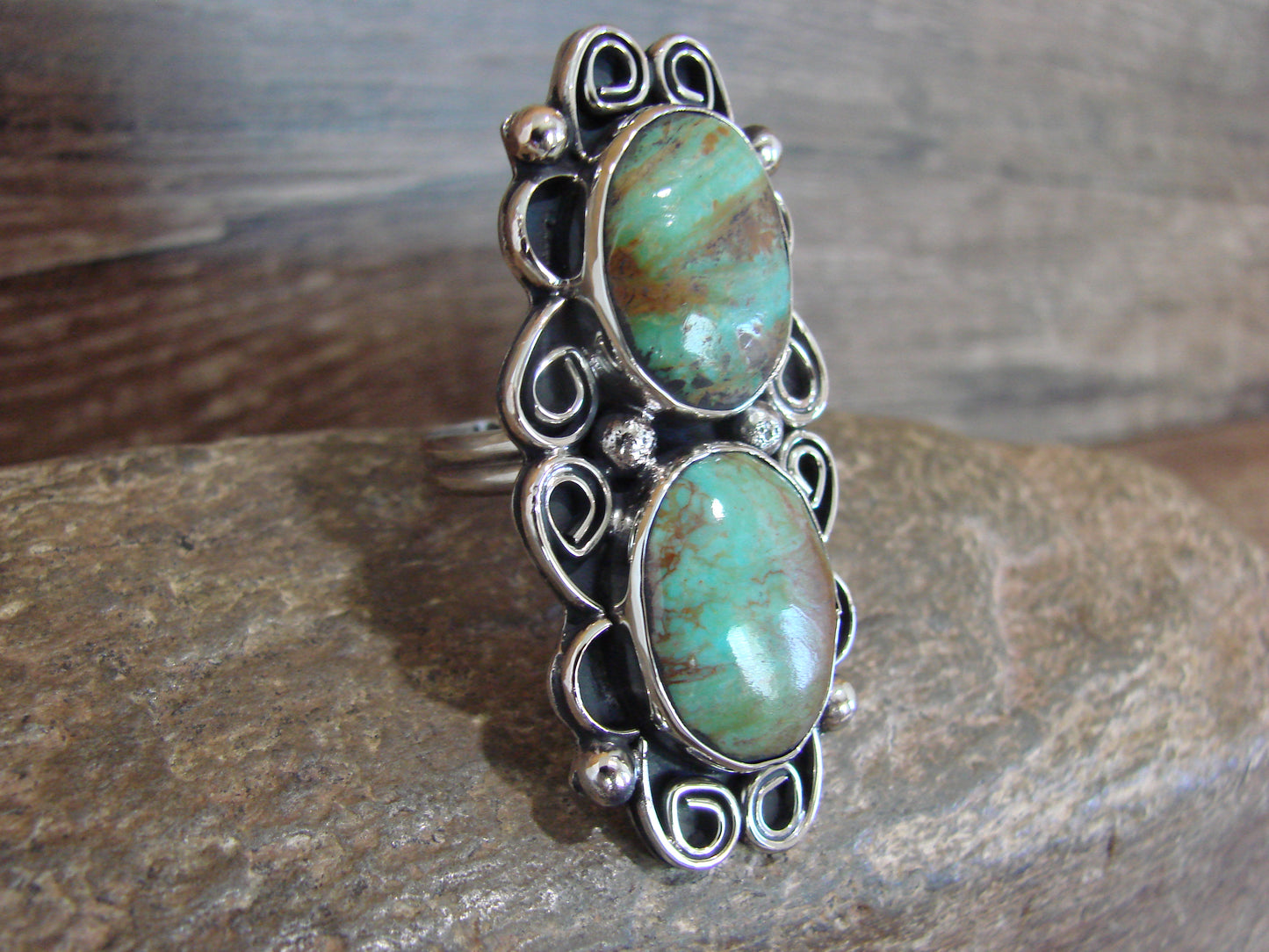 Native American Nickel Silver & Turquoise Adjustable Ring by Cleveland - Size 8 - 10