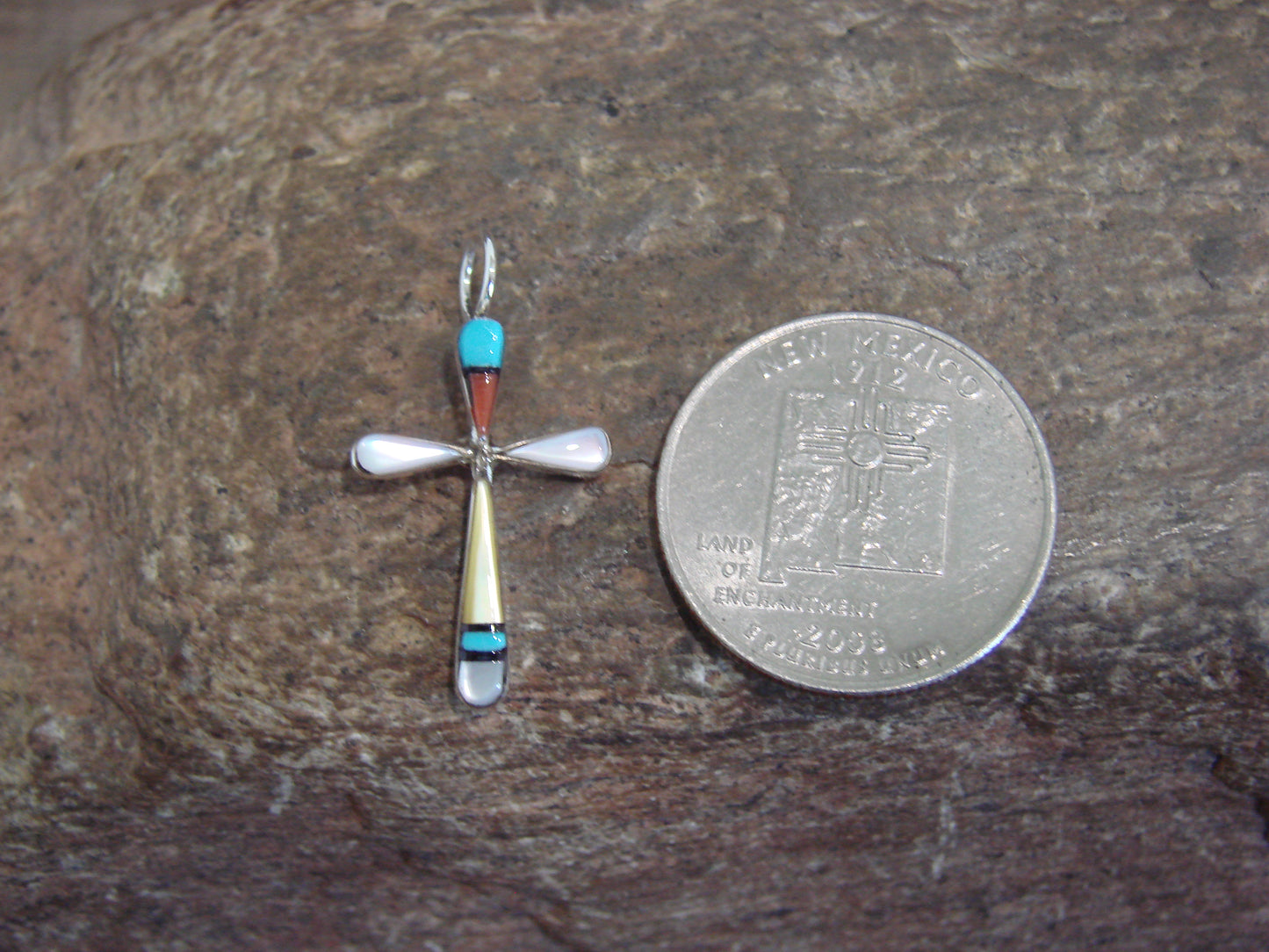 Native American Sterling Silver Multi Stone Inlay Cross Pendant by Noche