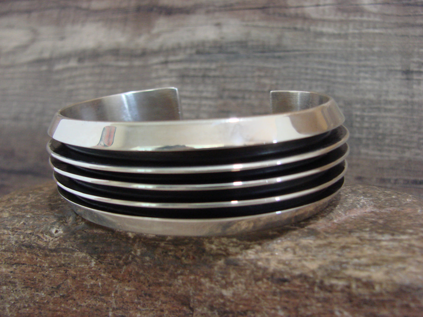 Native American Navajo Indian 3/4" Sterling Silver Ribbed Bracelet by Hawk