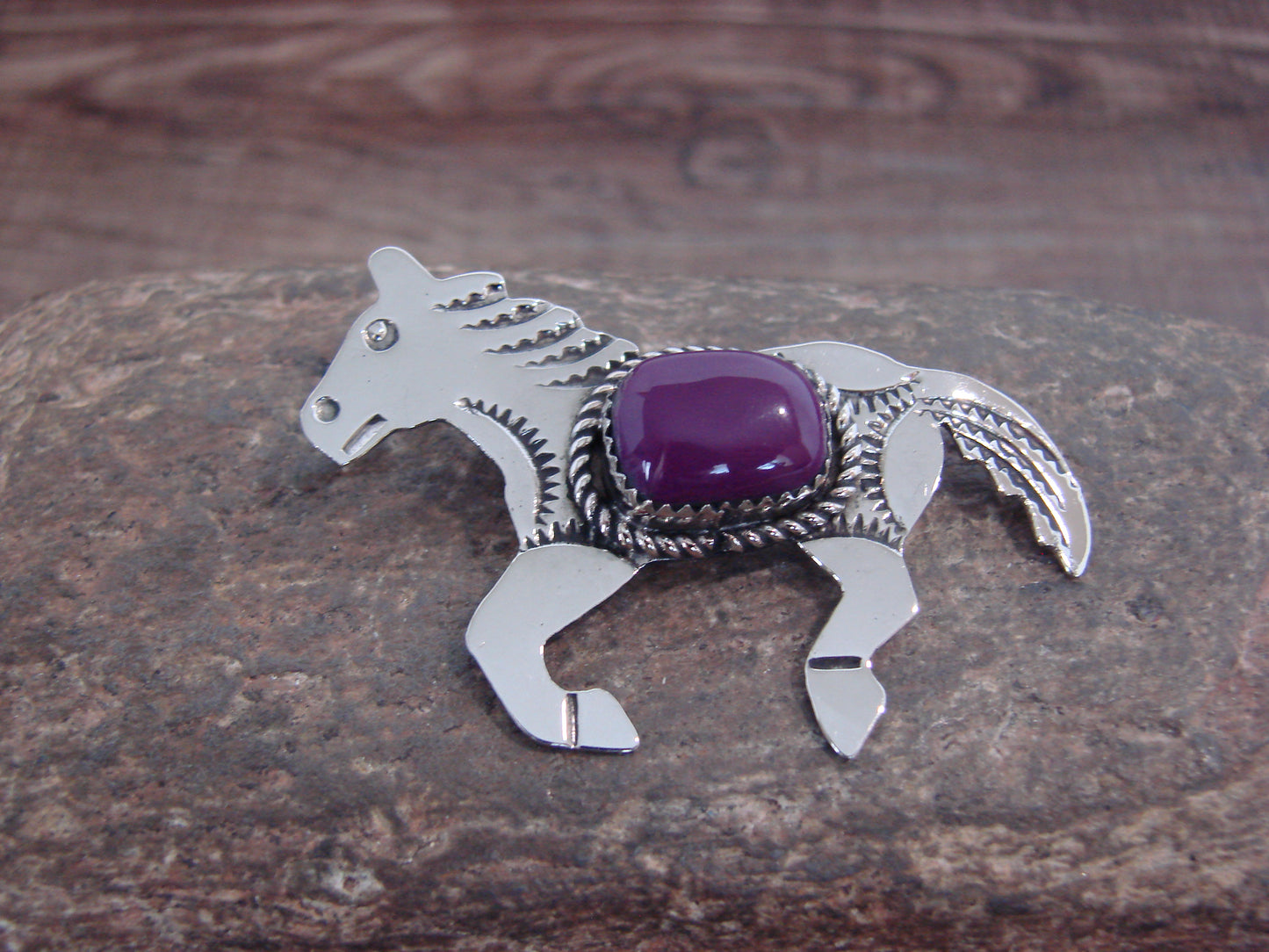 Native American Nickel Silver & Purple Spiny Oyster Horse Pendant - Cleveland